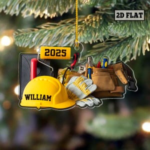 Personalized Construction Worker Ornament, Custom Builder Hard Hat Ornament, Handyman Tool Belt Gift for Builders, Engineers & Contractors