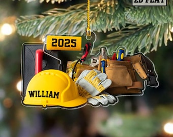 Personalized Construction Worker Ornament, Custom Builder Hard Hat Ornament, Handyman Tool Belt Gift for Builders, Engineers & Contractors