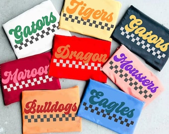 Custom Mascot Retro Checkered Shirt, Booster School Spirit T-shirt, School Spirit Wear for Cheer Team, Personalized School Mascot Shirt