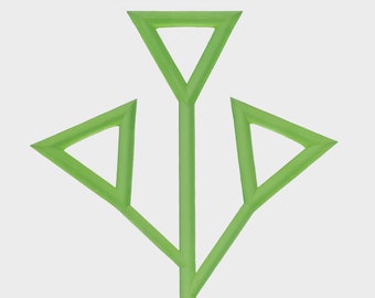 May include: A green geometric design with three triangles. The triangles are connected at the points and form a symmetrical shape.