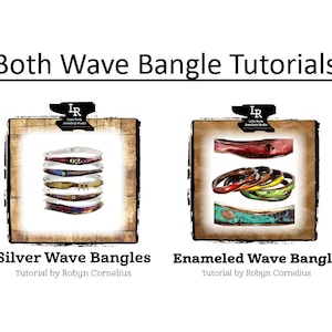 Op de afbeelding: Twee afbeeldingen die tutorials laten zien voor het maken van golfarmbanden. De eerste afbeelding toont een stapel zilveren golfarmbanden met een blauw, rood en gouden ontwerp. De tweede afbeelding toont een enkele geëmailleerde golfarmband met een turquoise, rood, geel en groen ontwerp. Beide afbeeldingen hebben de tekst "IR Little Rock Jewellery Studio" bovenaan.