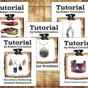 May include: Five different jewelry making tutorials by Robyn Cornelius. Each tutorial features a different jewelry piece, including a copper cuff, a pendant, and a set of bracelets. The tutorials are titled "Secrets to Soldering Around Gemstones", "Flame-Painted Copper Cuff", "Circular Pendant", and "Tutorial".