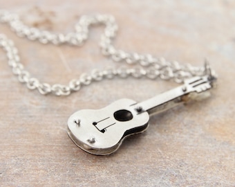Guitar Pendant- Sterling silver Instrument Pendant- Layered Silver Guitar Jewelry