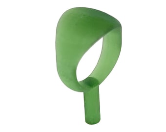 May include: A translucent green ring with a curved, loop-like design. The ring has a stem extending from the bottom, creating a unique and abstract shape. The object is set against a plain white background.
