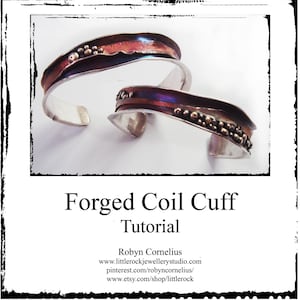 May include: Two silver metal bracelets with a hammered finish and copper accents. The bracelets are stacked on top of each other. The bracelets have a textured surface and are decorated with small silver beads.  Forged Coil Cuff Tutorial. Robyn Cornelius. www.littlerockjewellerystudio.com pinterest.com/robyncornelius/ www.etsy.com/shop/littlerock