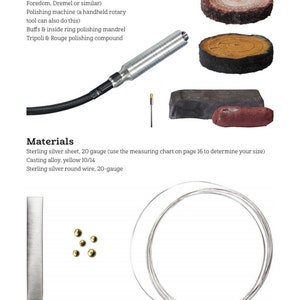 May include: A close-up of the materials and tools needed to make a silver ring. The materials include sterling silver sheet, casting alloy, and sterling silver round wire. The tools include a handheld rotary tool, buffs, a polishing mandrel, tripoli, and rouge polishing compound.