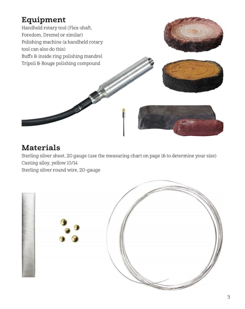 May include: A close-up of the materials and tools needed to make a silver ring. The materials include sterling silver sheet, casting alloy, and sterling silver round wire. The tools include a handheld rotary tool, buffs, a polishing mandrel, tripoli, and rouge polishing compound.