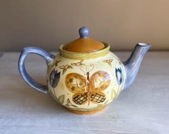 Lang Simple Life Butterfly Teapot | Hand-Painted Earthenware | Cream and Brown Garden Design | Karen Hillard Crouch Homestyle Ceramics
