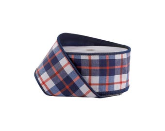 2 1/2" Wired Dupioni Ribbon | Red/White/Blue Plaid | 10 Yard Roll