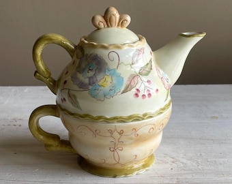 Vintage Tracy Porter 3-Piece Stacking Tea for One Set | Hand-Painted Floral Teapot & Cup