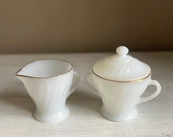 Fire King Milk Glass Golden Anniversary Cream and Sugar | Fire King Milk Glass Swirl | Vintage Anchor Hocking Gold Rim Milk Glass