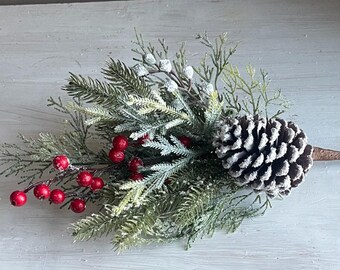 Snow Covered Pine Pick: Red Berries, Christmas Winter Wreath Supply