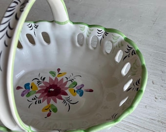 Vintage Portuguese Pottery Basket | Hand-Painted Ceramic Basket