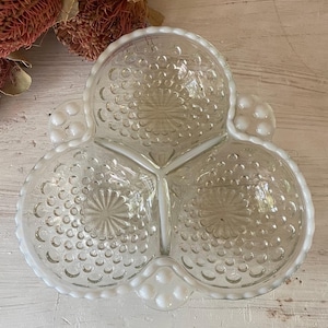 Fenton Moonstone Candy Dish | Moonstone Opalescent Hobnail Candy Dish | Three Section Nut Dish | Moonstone Clover Dish | Relish Dish