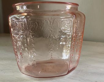 Pink Depression Glass Biscuit Jar Princess Pattern | 1930s Pink Depression Glass Cookie Jar | Depression Glass Jar | Anchor Hocking