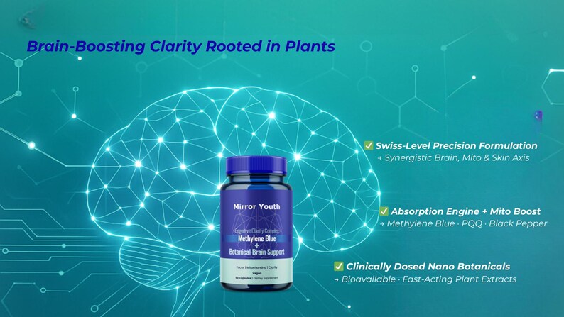 Może przedstawiać: Obraz z turkusowym tłem i butelką suplement&oacute;w "Mirror Youth". Butelka jest ciemnoniebieska z białą etykietą z napisem "Methylene Blue" i "Botanical Brain Support". Na tle świecący m&oacute;zg. U g&oacute;ry tekst "Brain-Boosting Clarity Rooted in Plants".