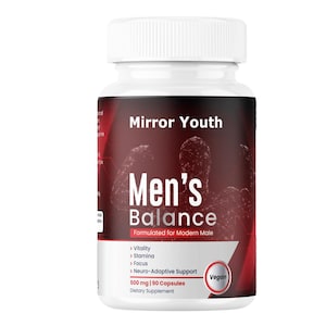 May include: A white plastic bottle with a white lid. The label reads "Mirror Youth Men's Balance" with a red and black background. The bottle contains 90 vegan capsules and is a dietary supplement.