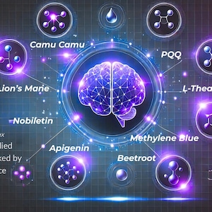 Może przedstawiać: Cyfrowa ilustracja m&oacute;zgu otoczonego r&oacute;żnymi suplementami, w tym Camu Camu, Lion's Mane i Burakiem. Tekst brzmi "Cognitive Clarity Complex" i "Ingredients Backed by Neuroscience."