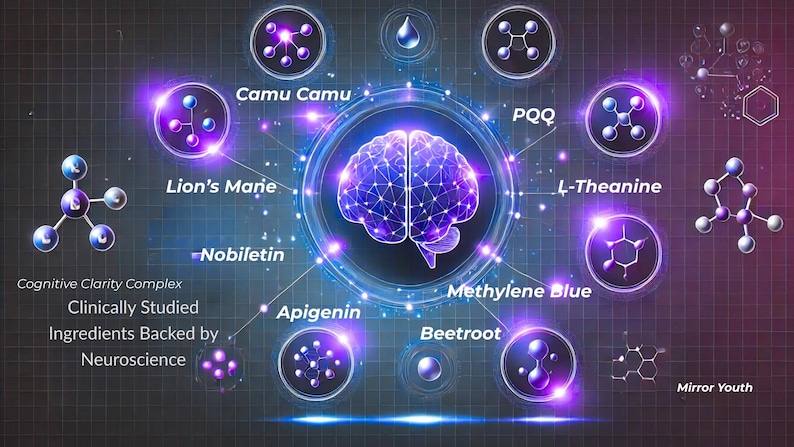 Może przedstawiać: Cyfrowa ilustracja m&oacute;zgu otoczonego r&oacute;żnymi suplementami, w tym Camu Camu, Lion's Mane i Burakiem. Tekst brzmi "Cognitive Clarity Complex" i "Ingredients Backed by Neuroscience."