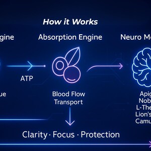 Może przedstawiać: Schemat ilustrujący proces działania produktu, z tekstem "How it Works" na g&oacute;rze. Schemat zawiera terminy "Energy Engine", "Absorption Engine" i "Neuro Modulation". Schemat zawiera r&oacute;wnież tekst "Methylene Blue + PQQ", "Blood Flow Transport" i "Clarity Focus Protection".