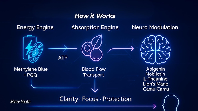 Może przedstawiać: Schemat ilustrujący proces działania produktu, z tekstem "How it Works" na g&oacute;rze. Schemat zawiera terminy "Energy Engine", "Absorption Engine" i "Neuro Modulation". Schemat zawiera r&oacute;wnież tekst "Methylene Blue + PQQ", "Blood Flow Transport" i "Clarity Focus Protection".