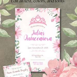 Editable Pink Quinceanera Invitation – Sweet 15 Canva Template | Digital Invite with Name Card | Invitación Quinceañera Rosa | Floral theme