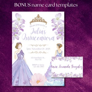 Convite de 15 Anos com Flores Roxas - Convites Editáveis e Cartão de Nome - Convite de Princesa - Festa de 15 Anos - Para Meninas - Festa de 15 Anos