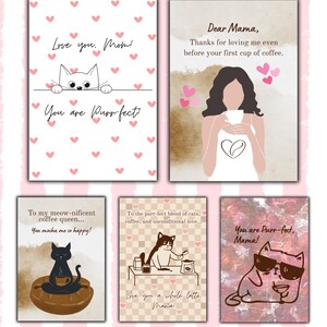 Pacote de cartões para o Dia das Mães – Cartões imprimíveis para amantes de café – Cartão engraçado para mãe de gato – Designs digitais A5 e 5x7 – Presente para mamãe com download instantâneo