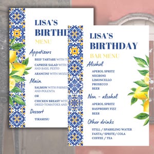 Plantillas de menú de cumpleaños con azulejos de limón La Dolce Vita, comida y bar + tarjetas de ubicación, fiesta italiana en Amalfi, plantilla editable de Canva, descarga instantánea