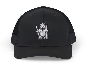 Bear Skier Trucker Cap: Outdoor Enthusiast Snapback Hat
