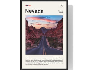 May include: A framed poster featuring a scenic road leading through a desert landscape under a sunset sky. The word "Nevada" is displayed in large text at the top, with "/ United States" below. The poster has a black frame.