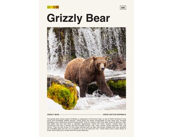Póster fotográfico de vida salvaje del oso grizzly, decoración de naturaleza (descarga digital)