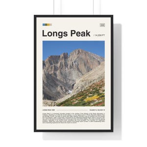 May include: A poster with a minimalist design featuring a photograph of Longs Peak, a prominent mountain located in the Front Range of the Rocky Mountains in Colorado. The poster includes the name "Longs Peak" and the elevation "14,259 FT" in a bold, sans-serif font. The poster also includes the state abbreviation "CO" in the upper right corner.