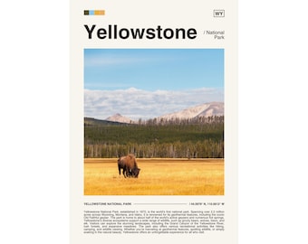 May include: A brown bison grazes in a field of yellow grass with a mountain range in the background. The text "Yellowstone / National Park" is at the top of the image. The text "YELLOWSTONE NATIONAL PARK" is at the bottom of the image, along with the coordinates "44.5979 N, 110.5012 W".