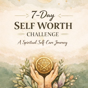 Puede incluir: Gráfico estilo acuarela con el texto "7-Day Self Worth Challenge: A Spiritual Self-Care Journey." La imagen presenta una luna creciente, estrellas y manos sosteniendo un pentáculo dorado. El texto en la parte inferior dice: "Reconecta con tu energía, restaura el equilibrio y recuerda tu valor."