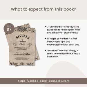 Puede incluir: Dos libros beige con el título "RITUALS" y el texto "TO CLOSE LOVE CYCLES". Los libros tienen diseños florales decorativos y el texto "TRADITIONAL MAGIC TO FREE THE HEART". El precio es de 7 €.