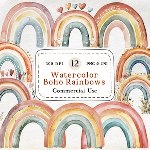 Boho arcs-en-ciel - 12 cliparts aquarelle, clipart chambre d'enfant, jolies illustrations arc-en-ciel, 300 DPI, téléchargement numérique, usage Commercial