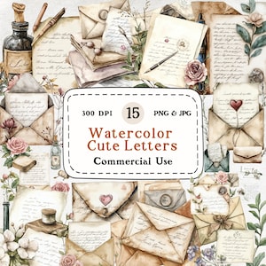 Cottagecore-letters - 15 aquarel clipart set, leuke handgeschreven brief, vintage bloemen, grillig briefpapier, scrapbooking brief, schrijven