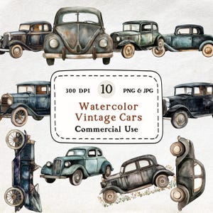 Vintage Auto - 10 Aquarell Clipart, Klassisches Automobil, Retro Fahrzeug, Antique Car Illustration, Old Time Auto Grafik, Sammlerauto PNG