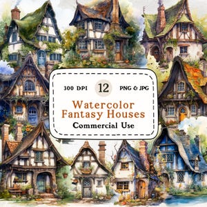 Fantasy Houses - 12 Watercolor Clipart Set, House Clipart, Medieval Fantasy Building Illustration, Fantasy Tavern, Enchanted Cottage Clipart