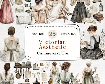Victorian Women Watercolor Clipart – 25 PNG & JPG, Commercial Use (Digital Download)