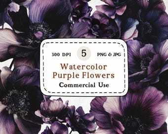Watercolor Purple Anemone Clipart, Gothic Floral PNG JPG (Commercial Use)
