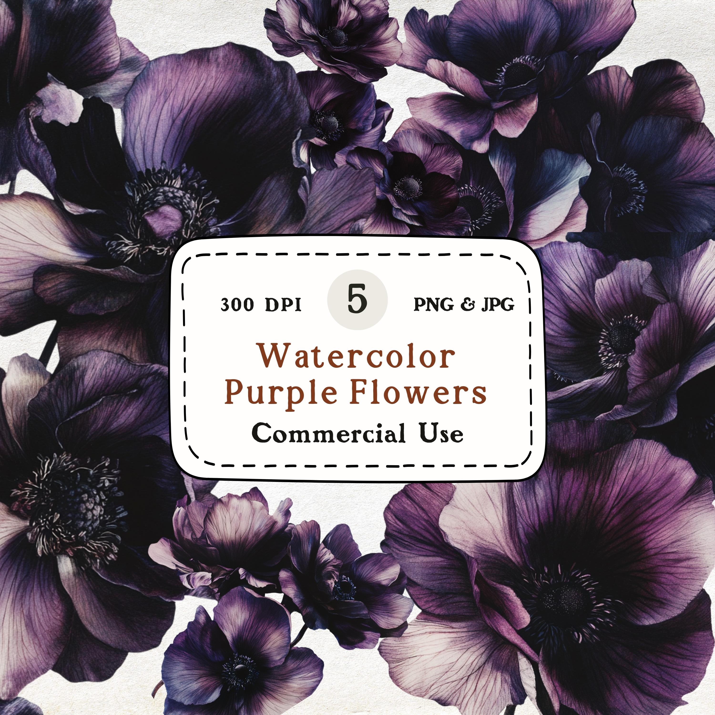 5つの紫色の花のクリップアート、水彩の濃い花束の束、ヴィンテージの