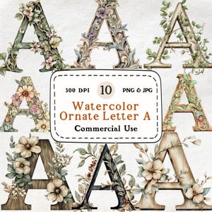 Verzierter Buchstabe A - 10 Aquarell-Clipart-Set, Alphabet-Clip-Art, Buchstabe Illustration, 300 dpi, digitaler Download, Scrapbooking, kommerzielle Nutzung