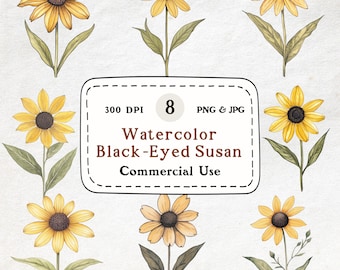 Paquete de imágenes prediseñadas de Susan de ojos negros en acuarela, arte floral botánico (uso comercial)
