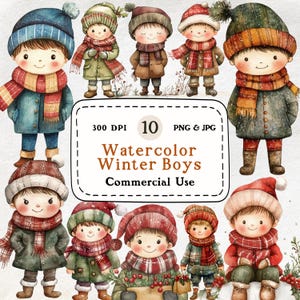 Winter Boys - 10 Aquarell Clipart Set, süße kleine Jungen, gemütliche Jungen, Kinder Winter Kunst, Jungen im Winter Clip Art, 300 DPI, kommerzielle Nutzung
