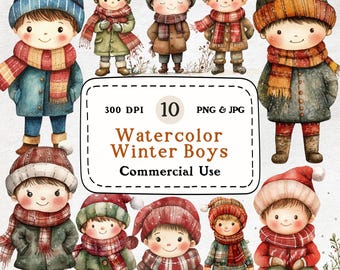 Winter Boys - 10 Watercolor Clipart Set, Cute Little Boys, Cozy Boys, Kids Winter Art, Boys in Winter Clip Art, 300 DPI, Commercial Use