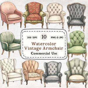 Vintage Armchair - 10 Watercolor Clipart, Antique, Victorian Chair Illustration, Cottagecore Furniture, French Country Living Room Decor