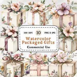 Packaged Gifts - 10 Watercolor Clipart Set, Gift Box, Cottagecore Presents, Wrapped Gifts Clipart, 300 DPI, Digital Download, Commercial Use