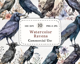 Watercolor Ravens Clipart Bundle – Gothic Birds, Halloween PNG (Digital Download)